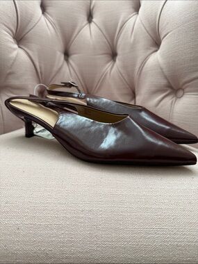 Womens Pointed Toe Slingback Kitten Heel Pumps - Burgundy